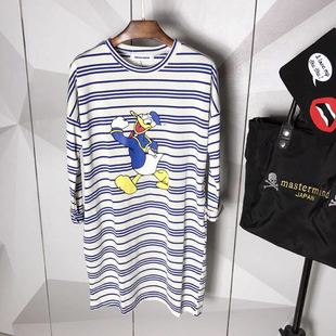 长袖 春季 圆领套头条纹学生印花卡通唐老鸭女装 宽松大码 连衣裙 新品