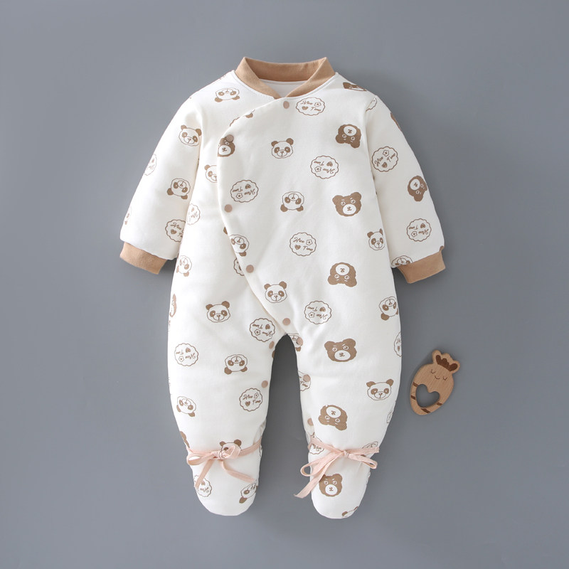 婴儿棉花连体衣冬季纯薄棉新生儿衣服0-6月初生宝宝3加厚包脚哈衣