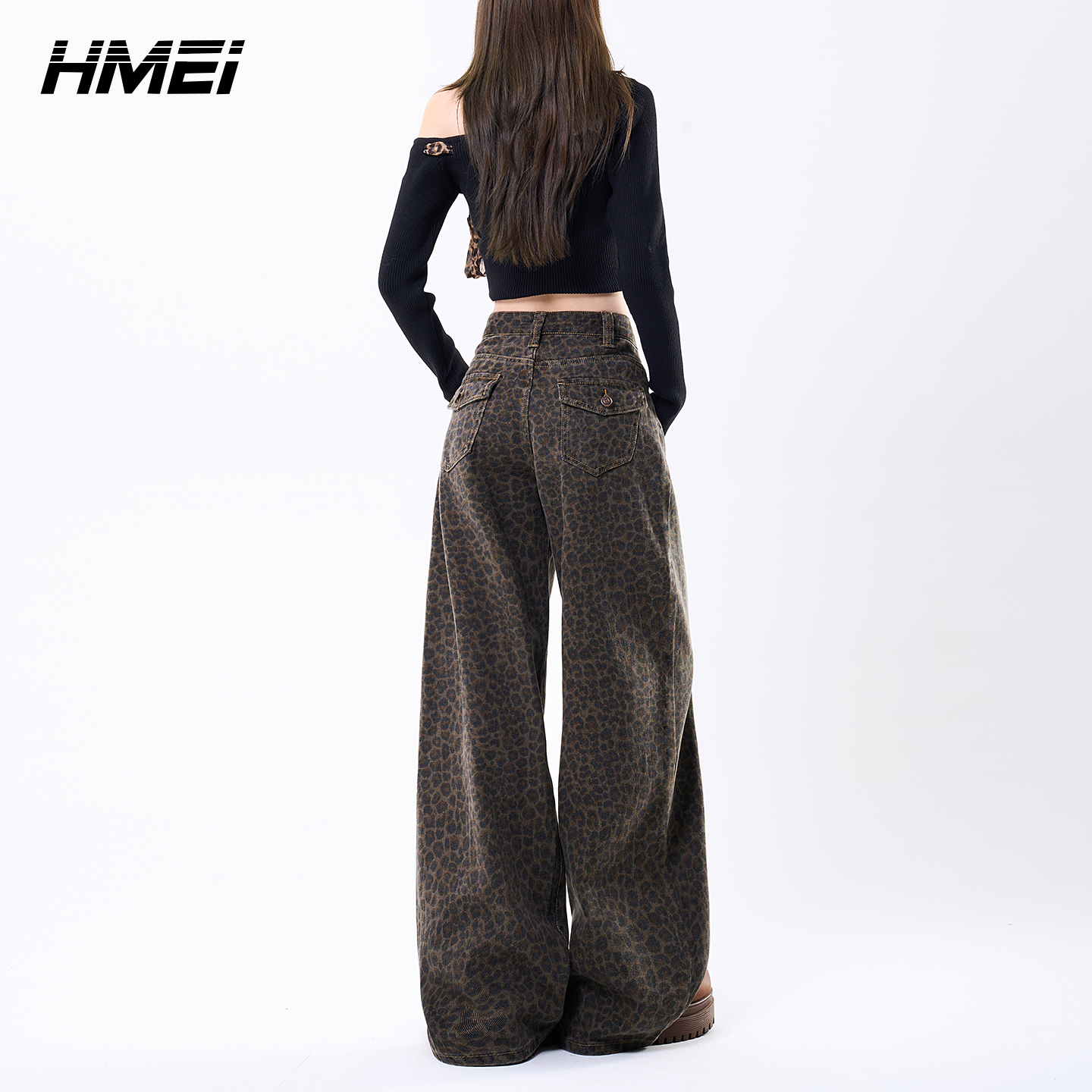 美式豹纹阔腿加绒牛仔裤女2025秋冬新款高腰显瘦设计感直筒休闲裤