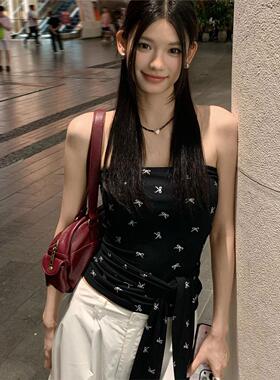 夏季新款蝴蝶结黑色满印绑带抹胸背心女修身辣妹内搭无袖小上衣潮