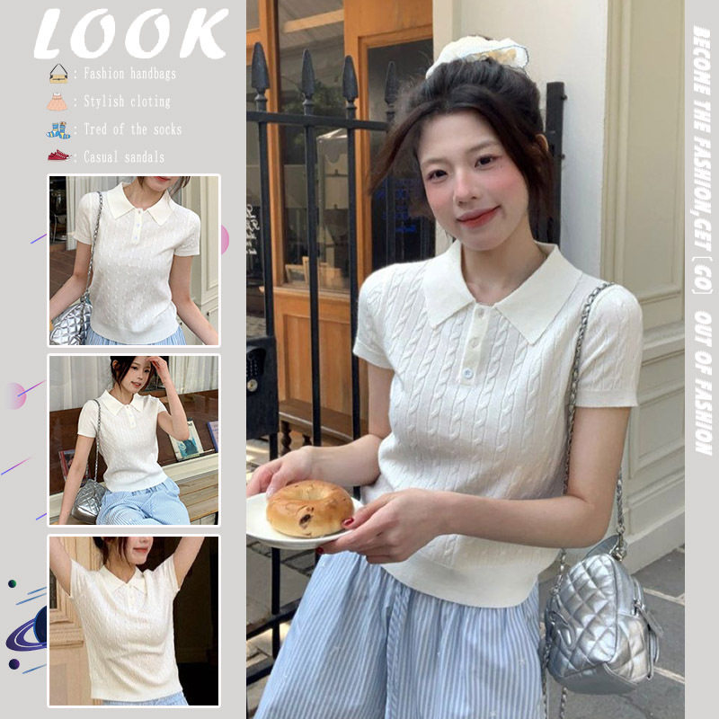 2026夏季新款甜美风麻花Polo领短袖针织衫女修身显瘦气质百搭上衣