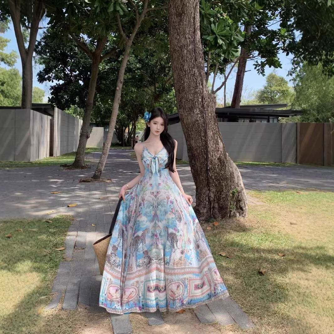 波西米亚风v领吊带连衣裙女夏季度假裙宽松长裙气质高腰大摆裙子