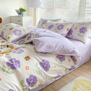 高密度A类全棉四件套纯棉小清新白色底浅紫雪青色花朵1.21.51.8m2