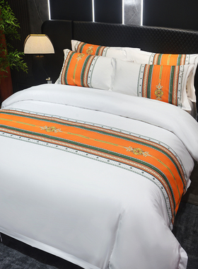 高密度全棉白色被套单件纯棉桔黄橙色墨绿宽条欧式被罩袋酒店民宿