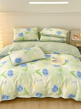 高密度A类全棉蓝色妖姬玫瑰花朵四件套纯棉浅绿色嫩绿1.21.51.8m2