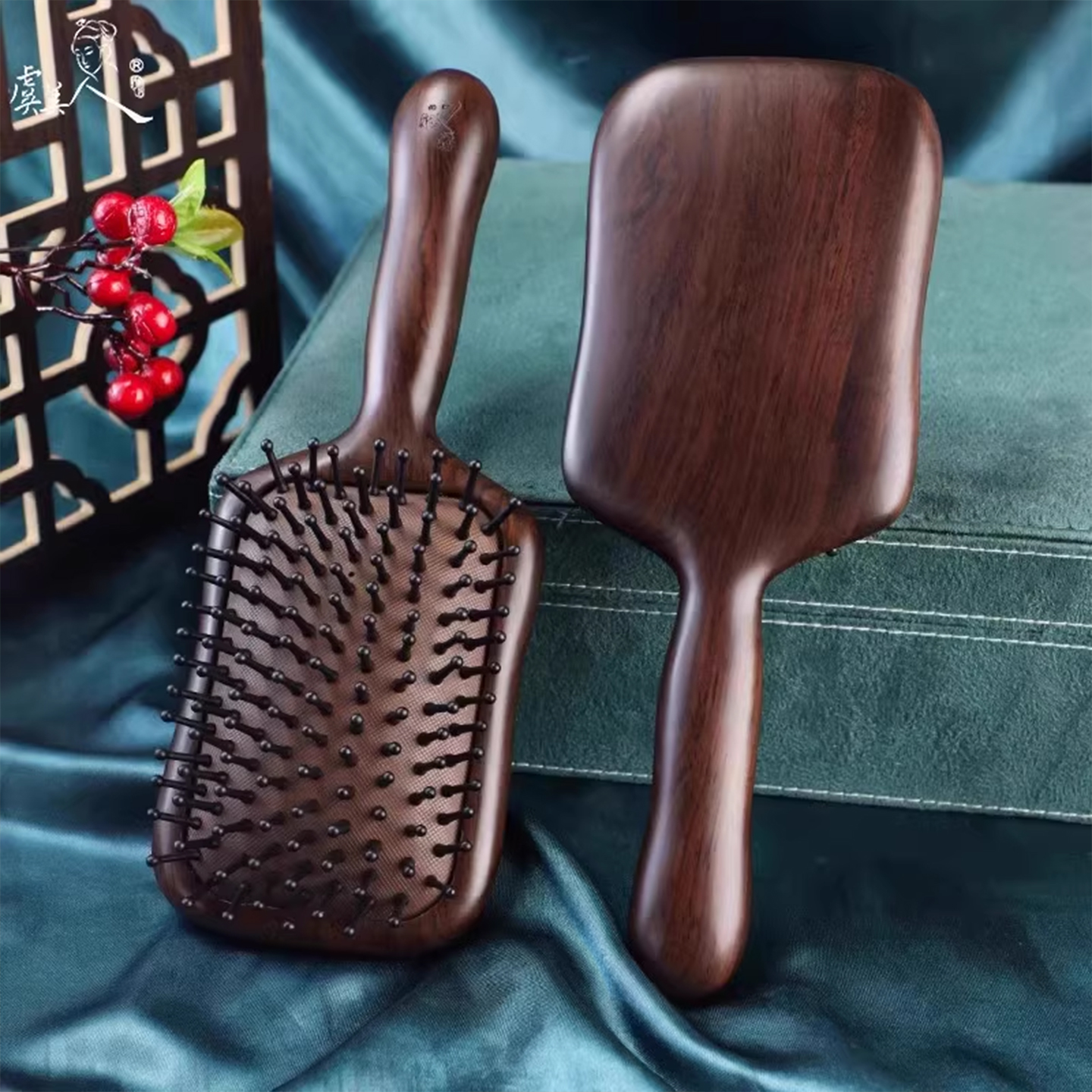 虞美人檀木气垫梳黑檀木女气囊梳大号梳子按摩梳生日礼物送女友