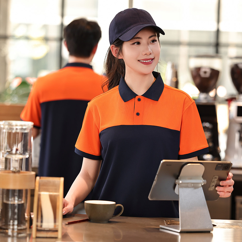 夏季餐饮工作服撞色POLO衫服务员制服短袖定制