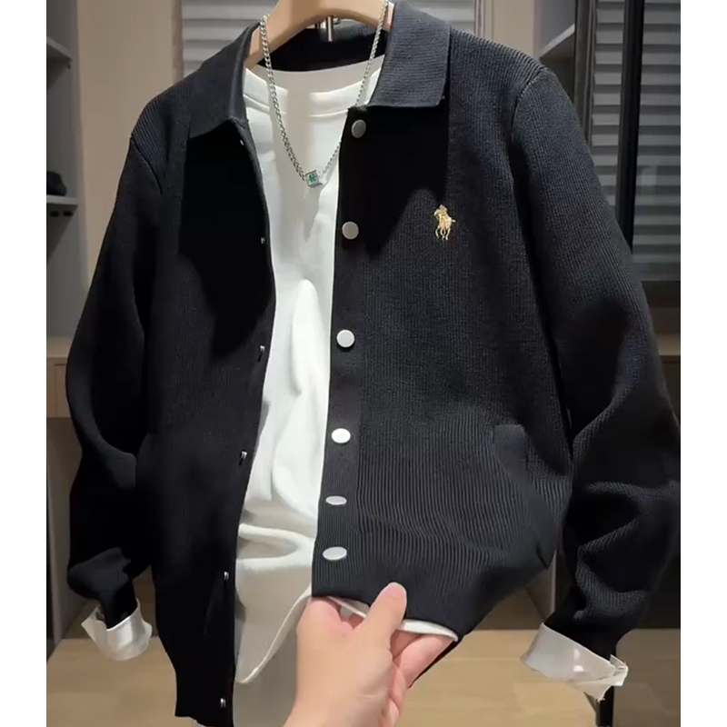 老钱风翻领针织衫男款休闲
