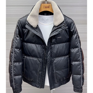 韩式翻领毛领羽绒服男加厚保暖修身短款PU皮外套男黑色高级感冬季