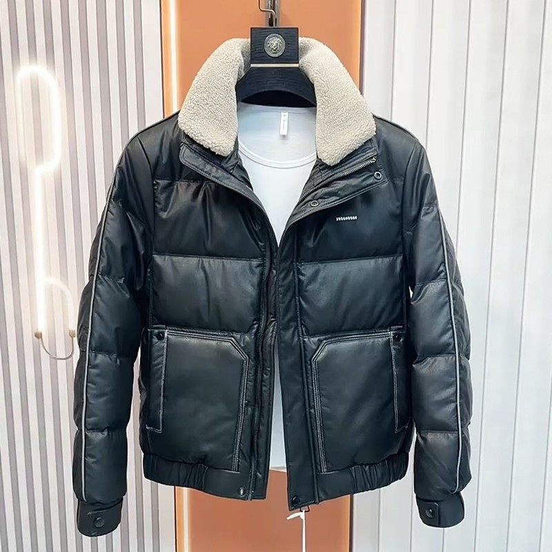 白鸭绒皮羽绒服男款修身外套翻领帅气防风短款PU皮韩版休闲男装潮