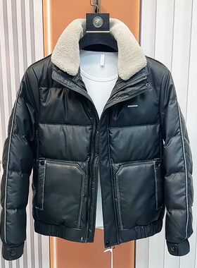 白鸭绒皮羽绒服男款修身外套