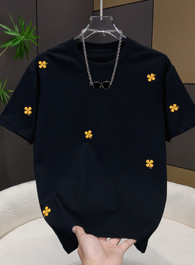 黑色幸运草刺绣短袖T恤男潮牌宽松百搭圆领半袖欧货男士上衣透气