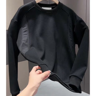 轻奢男装潮牌黑色拼接宽松男士卫衣休闲加绒保暖长袖打底衫男潮流