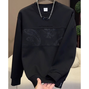 韩版休闲男装圆领加绒卫衣腰果拼接时尚潮流男士卫衣秋季新款潮牌