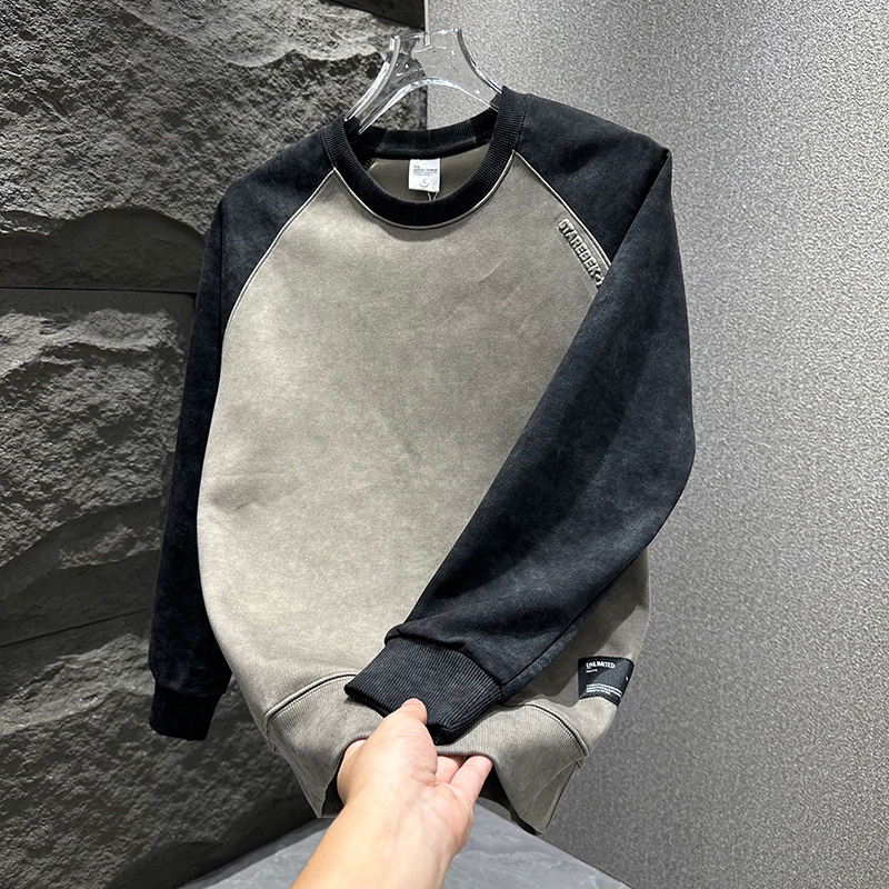 韩版圆领男士卫衣撞色拼接设计感休闲衣服青年扎染薄款上衣成熟风
