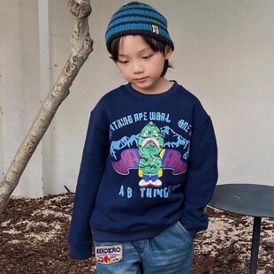 中小童卡通鲨鱼卫衣春秋新款日系潮牌童装男宝宝猿猴潮范长袖上衣