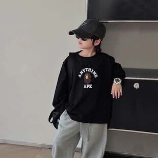 春秋新款中小童卡通猿猴字母印花束口T恤男童韩版休闲长袖上衣潮