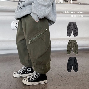 男童一体绒大口袋工装裤秋冬新款韩版中小童加绒长裤宽松束脚裤子