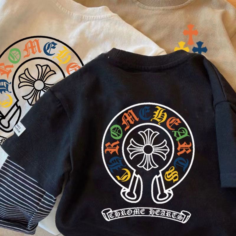 男女童假两件春秋韩版拼接袖T恤