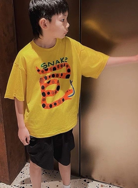 男童夏季新款黄色短袖t恤2025中小童潮范百搭韩版半袖打底衫上衣