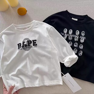 春秋新款日系潮范童装男童猿猴长袖T恤宝宝卡通印花圆领打底上衣