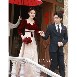 酒红色敬酒服高级感2024新款新娘回门服小众订婚晚礼服连衣裙结婚