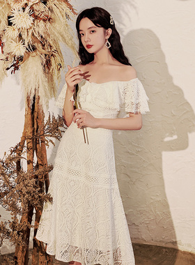 速发白色小晚肩服2022可款平时新穿paty蕾丝一字礼宴会连衣裙夏