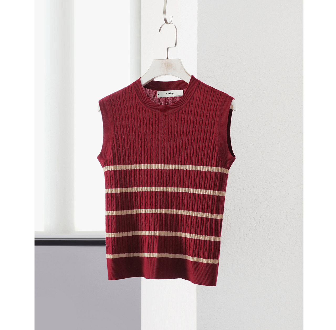 品牌正品60S超细美利奴纯羊毛条纹麻花背心红色白色显瘦百搭针织