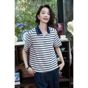 压轴款 夏季 白昼海岸 条纹Polo领上衣 定织原胚肌理感汉麻棉T恤