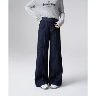 女宽松垂坠显瘦长裤 春夏软牛仔高腰阔腿裤 Q88A3842 复古线条 美式