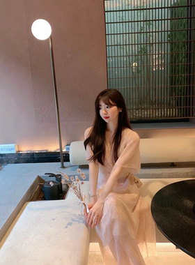 落樱 温柔轻透雪纺连衣裙女春夏季新款中长款系带收腰裙子