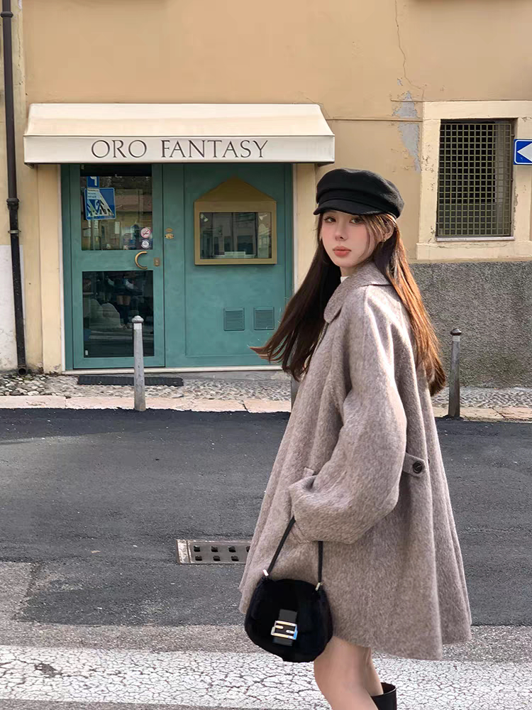 宽松双面羊毛毛呢大衣女小个子斗毛呢外套