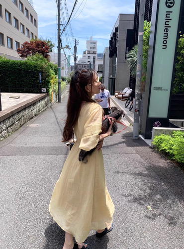麻天丝连衣裙 松弛 舒适老钱taste夏季七分袖大摆裙长裙