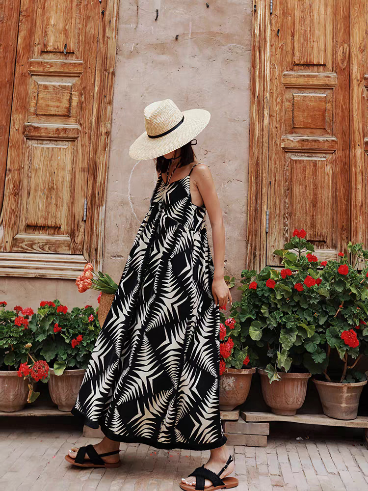 波西米亚民族风宽松雪纺印花吊带连衣裙夏A字长裙
