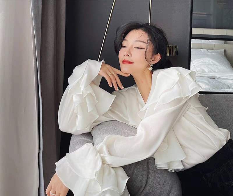 梅三观 荷叶仙子 衬衫 女士白衬衫V领衬衫