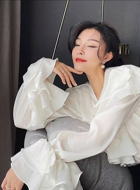梅三观 荷叶仙子 衬衫 女士白衬衫V领衬衫