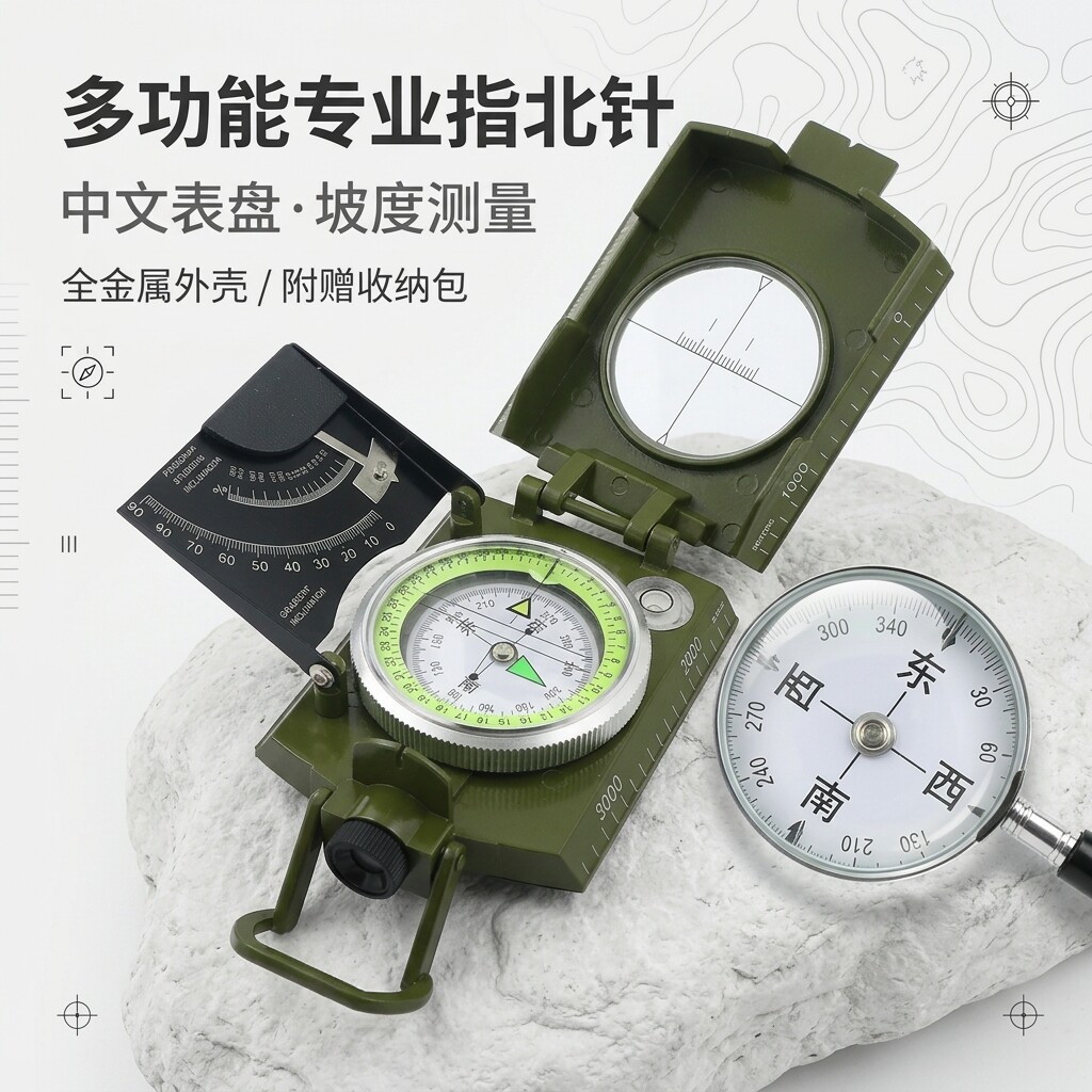 中文版K4074军绿美式指南针指北针带坡度罗盘仪多功能夜光指南针