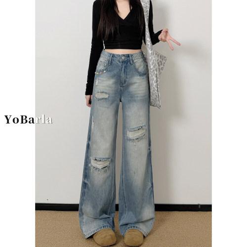 破洞阔腿牛仔裤女大码显瘦