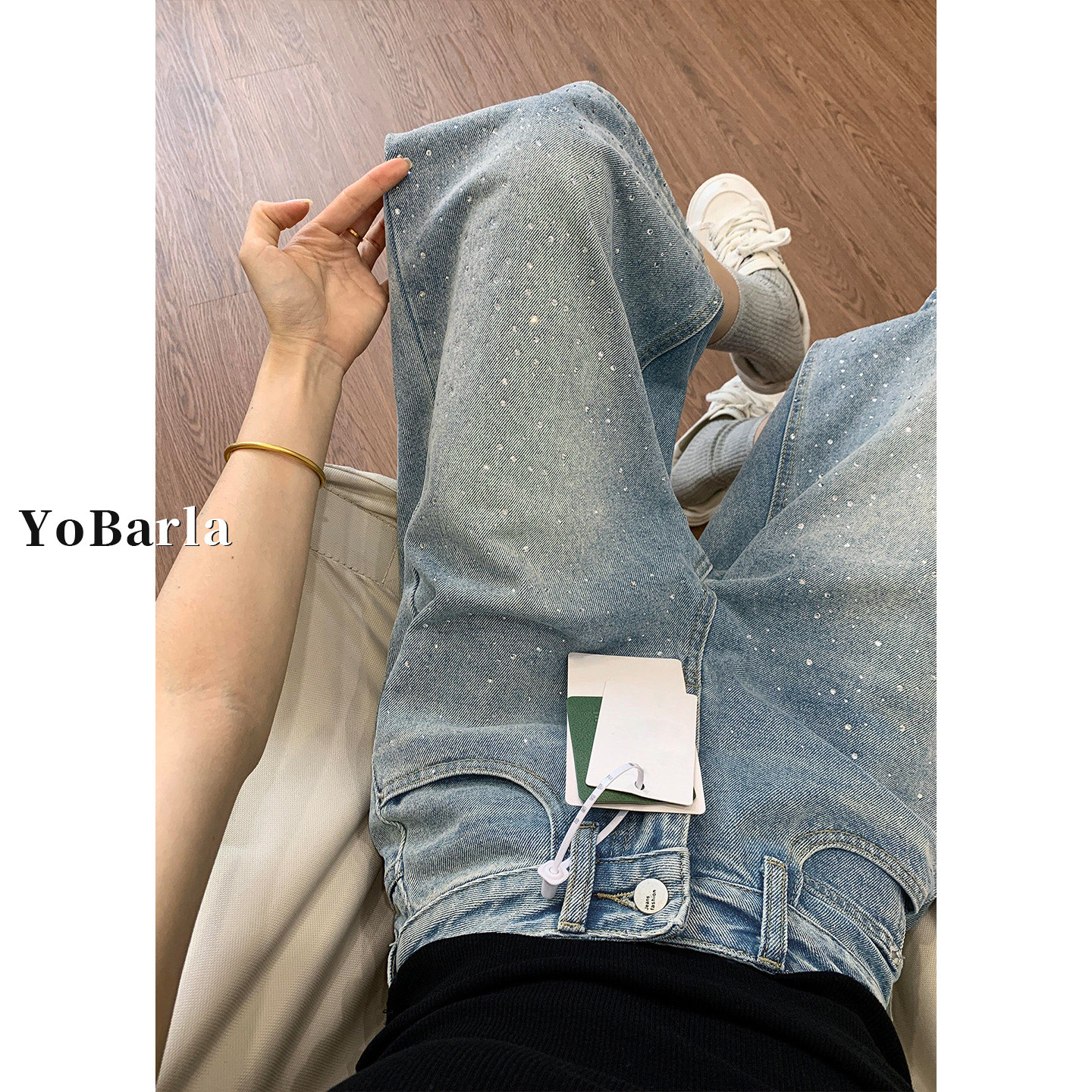 浅色烫钻牛仔七分裤女夏季新款大码胖mm宽松梨形身材显瘦阔腿裤子