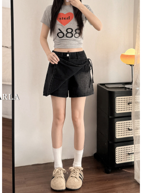 黑色不规则牛仔短裙裤女夏季胖mm大码显瘦梨型身材高腰a字半身裙