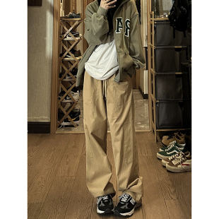 女春季 裤 新款 大码 美式 胖mm高腰阔腿宽松显瘦休闲裤 卡其色直筒工装