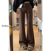 胖mm梨形身材宽松显瘦高腰运动卫裤 棕色休闲微喇裤 女秋冬加绒大码