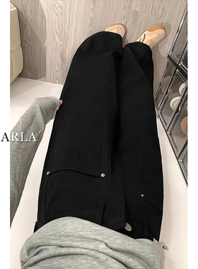 黑色直筒牛仔裤女高腰春季新款大码胖mm宽松显瘦梨形身材阔腿裤子