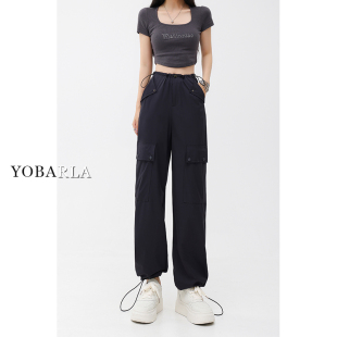 女夏季 裤 新款 大码 美式 胖mm宽松显瘦高腰休闲裤 速干深灰色直筒工装