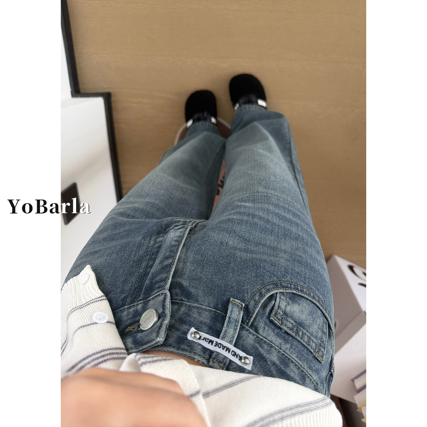 复古窄版直筒牛仔裤女春季新款大码胖mm宽松显瘦高腰垂感阔腿裤子