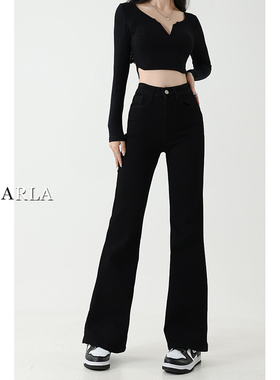 黑色弹力微喇叭牛仔裤女冬季加绒大码胖mm高腰显瘦梨形身材马蹄裤