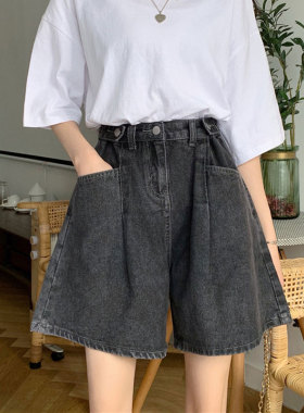 黑灰色高腰牛仔短裤女夏季新款宽松显瘦大码胖mm梨型身材五分裤子