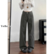 裤 显瘦胖mm宽松慵懒风垂感直筒牛仔裤 女春季 大码 新款 灰色阔腿工装