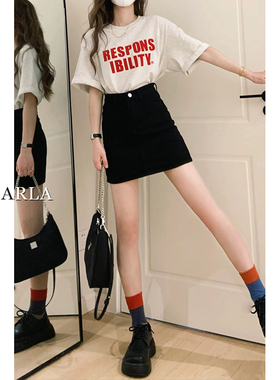 黑色牛仔短裙女高腰夏季新款大码胖mm遮肚显瘦梨形身材a字半身裙