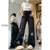 胖mm宽松显瘦梨形身材直筒裤 黑色阔腿星星牛仔裤 女秋冬加绒大码 子